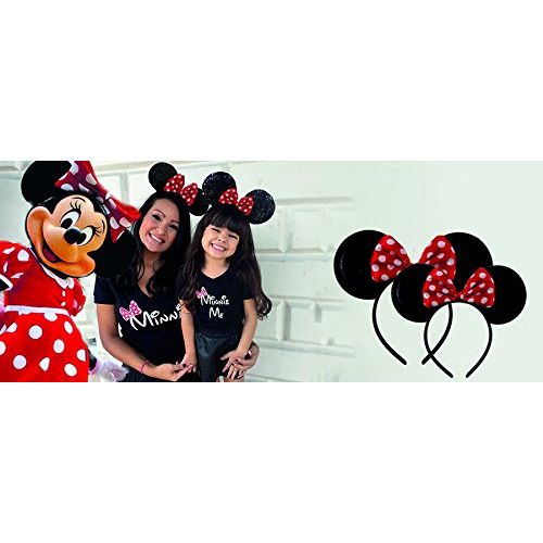 디즈니 Disney Minnie Mouse Sparkled Ear Shaped Headband with Polka Dot Bow, Mommy and Me Set, Include One Adult Size and One for Little Girl Age 2-7