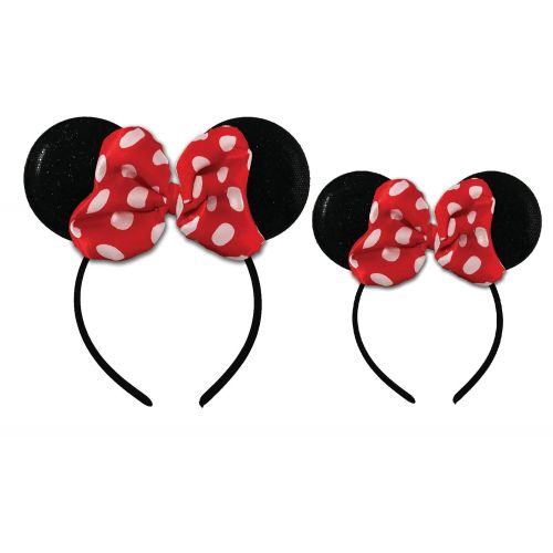 디즈니 Disney Minnie Mouse Sparkled Ear Shaped Headband with Polka Dot Bow, Mommy and Me Set, Include One Adult Size and One for Little Girl Age 2-7