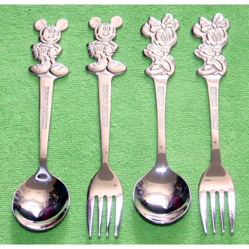 디즈니 Disney 4 PC Collectible Stainless Steel Mickey Minnie Spoon Folk Flatware Set