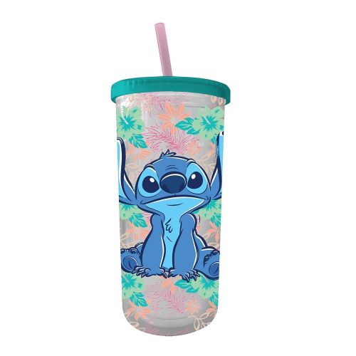 디즈니 Disney LI12288F Pixars Lilo and Stitch Tropical Pattern Plastic Tall Tumbler/Cold Cup with Lid and Straw, 20-Ounce, blue and pink