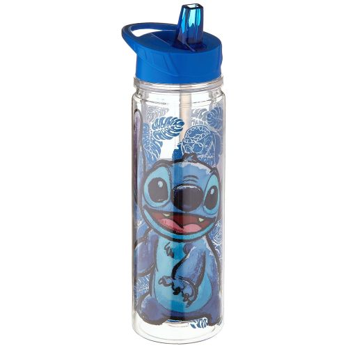 디즈니 Disney Silver Buffalo LI11118LG Sketchy Stitch Floral Glitter Double Walled Tritan Water Bottle, 18-oz