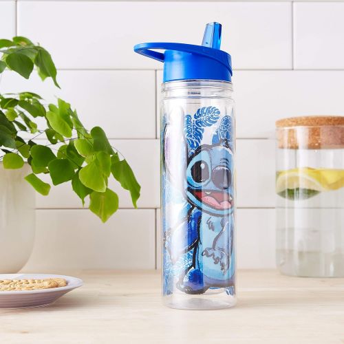 디즈니 Disney Silver Buffalo LI11118LG Sketchy Stitch Floral Glitter Double Walled Tritan Water Bottle, 18-oz