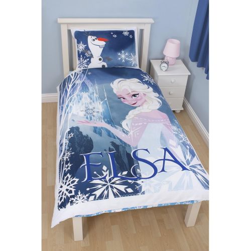 디즈니 Disney Frozen Childrens Girls Elsa Reversible Single Duvet Cover Bedding Set (Twin) (Blue)