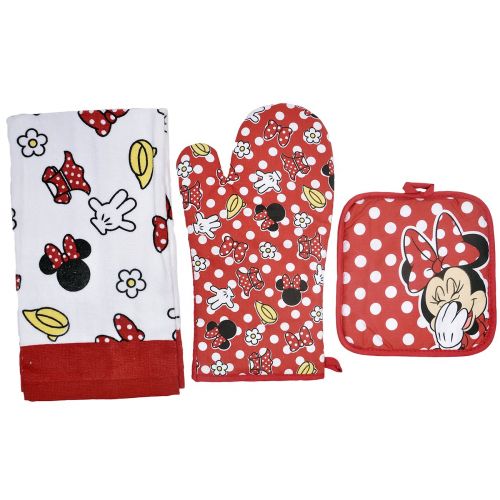 디즈니 Disney Oven Mitt Pot Holder & Dish Towel 3 pc Kitchen Set (Minnie Mouse Red)