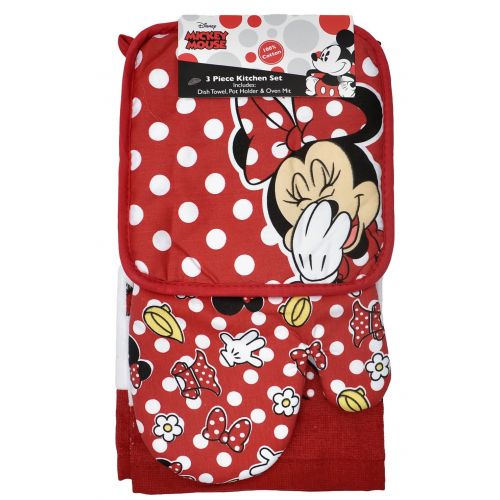 디즈니 Disney Oven Mitt Pot Holder & Dish Towel 3 pc Kitchen Set (Minnie Mouse Red)