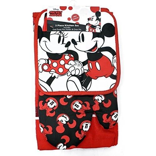 디즈니 Disney Oven Mitt Pot Holder & Dish Towel 3 pc Kitchen Set (Mickey Minnie Red)