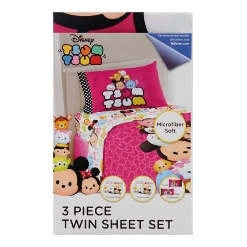 디즈니 Disney Tsum Tsum Pink Girls Reversible Twin/Full Comforter and Twin Sheet Set