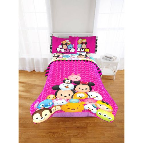 디즈니 Disney Tsum Tsum Pink Girls Reversible Twin/Full Comforter and Twin Sheet Set