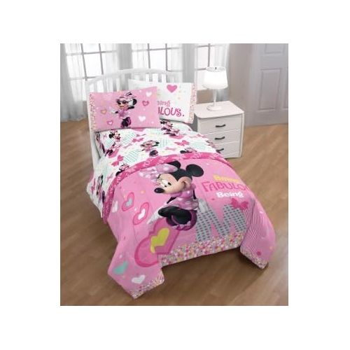 디즈니 Disney Minnie Mouse 7-Piece Full Pink Hearts Comforter and Sheet Set Bedding Collection with Blankets, Pillowcases, Sham and Coloring and Activity Book, 2018