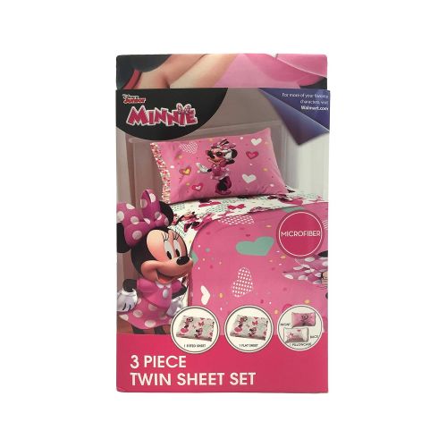 디즈니 Disney Minnie Mouse Kids 3 Piece Bedding Twin Sheet Set - 66 x 96 Inch [Pink White]