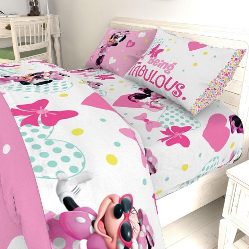 디즈니 Disney Minnie Mouse Kids 3 Piece Bedding Twin Sheet Set - 66 x 96 Inch [Pink White]