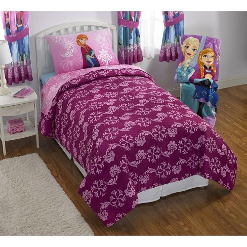 디즈니 Disney Frozen 5pc Twin Comforter, Fitted Sheet, Flat Sheet, Pillowcase and Night Light Bedding Collection