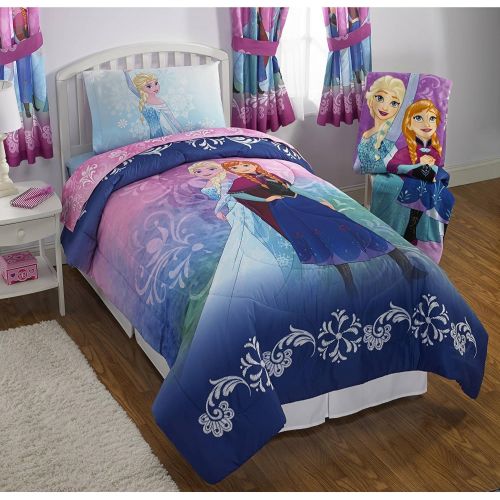 디즈니 Disney Frozen 5pc Twin Comforter, Fitted Sheet, Flat Sheet, Pillowcase and Night Light Bedding Collection