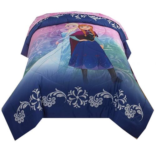 디즈니 Disney Frozen Reversible Twin/Double/Full Comforter Featuring Elsa and Anna (72 x 86 Inches)