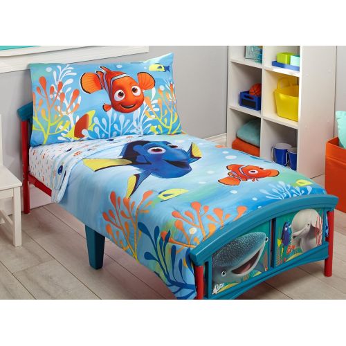 디즈니 Disney Finding Dory 4 Piece Toddler Bedding Set, Blue/Orange/Yellow