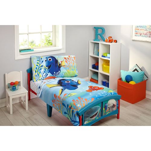 디즈니 Disney Finding Dory 4 Piece Toddler Bedding Set, Blue/Orange/Yellow