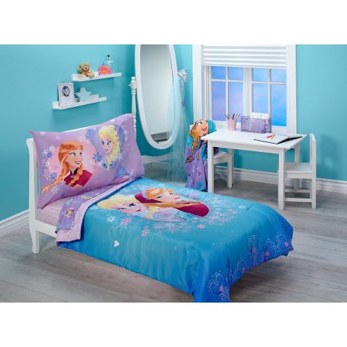 디즈니 Disney Frozen Magical Sisters 4 Piece Toddler Bedding Set, Pink/Purple/Blue