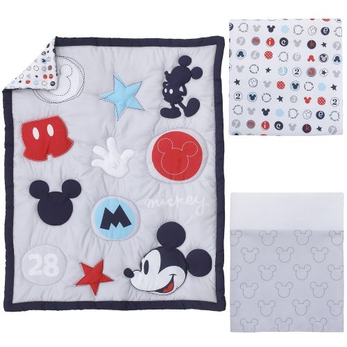 디즈니 Disney Amazing Mickey Mouse 3 Piece Nursery Crib Bedding Set, Grey, Navy, Red, Blue