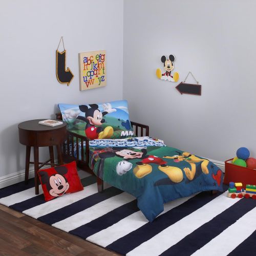 디즈니 Disney 4 Piece Toddler Bedding Set, Mickey Mouse Playhouse, Blue/White, Standard Toddler Mattress (52 x 28 x 8)