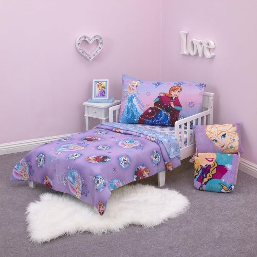 디즈니 Disney Frozen Stirring Up Fun 4 Piece Toddler Bedding Set, Purple/Pink/Multicolor