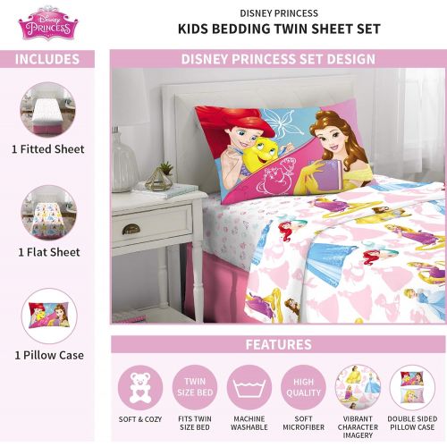 디즈니 Disney Princess Soft Microfiber Kids Bedding Sheet Set, Twin Size 3 Piece Pack, White