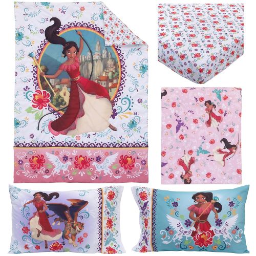 디즈니 Disney Elena of Avalor Bold and Brave 4 Piece Toddler Bedding Set, Pink/Red/Turquoise/White