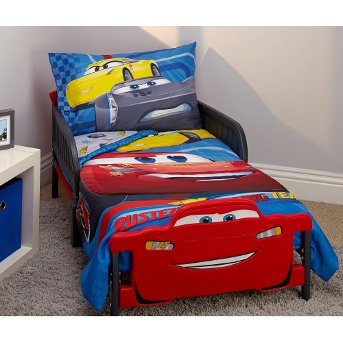 디즈니 Disney Cars Rusteze Racing Team 4 Piece Toddler Bedding Set, Blue/Red/Yellow/White