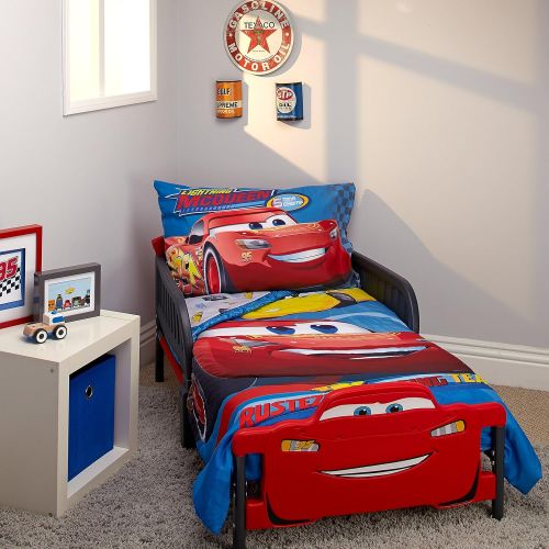 디즈니 Disney Cars Rusteze Racing Team 4 Piece Toddler Bedding Set, Blue/Red/Yellow/White