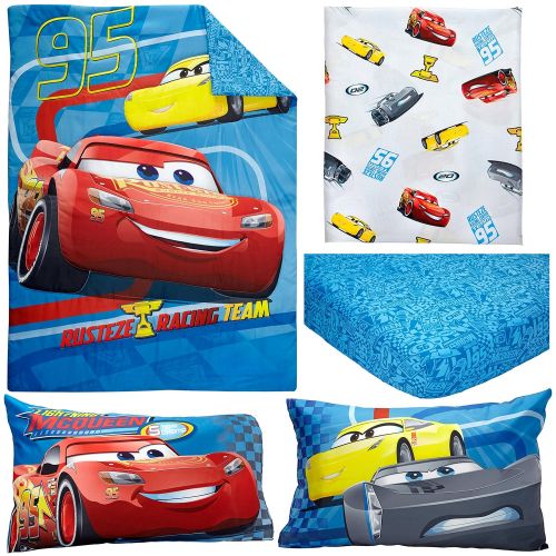 디즈니 Disney Cars Rusteze Racing Team 4 Piece Toddler Bedding Set, Blue/Red/Yellow/White