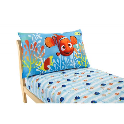 디즈니 Disney Finding Dory 2 Pack Fitted Sheet and Pillowcase Toddler Sheet Set, Blue/Orange/Yellow