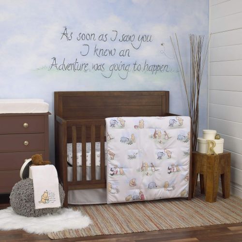 디즈니 Disney Winnie The Pooh Classic Storybook 6 Piece Nursery Crib Bedding Set, Ivory/Light Blue/Sage/Tan