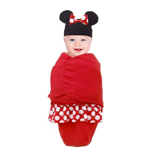 디즈니 Disney Minnie Mouse 100% Cotton Knit Fitted Swaddle Baby Blanket with Minnie Ears & Bow Beanie, Red/Black/White, 0-4 Months