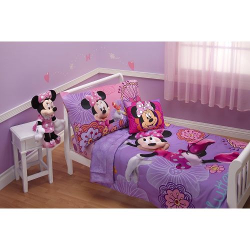 디즈니 [아마존베스트]Disney 4 Piece Minnies Fluttery Friends Toddler Bedding Set, Lavender