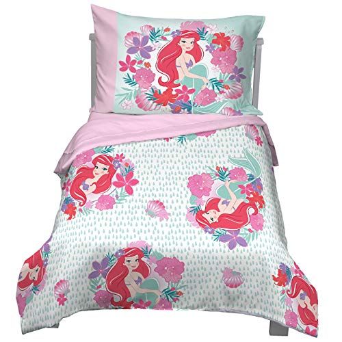 디즈니 [아마존베스트]Disney Ariel Sea Garden 4 Piece Toddler Bed Set, Pink and Aqua/Orange/White