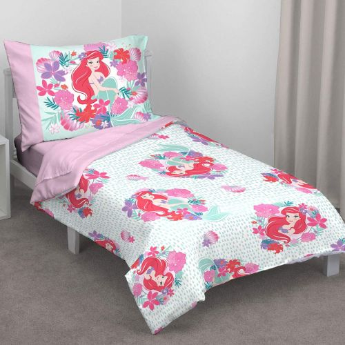 디즈니 [아마존베스트]Disney Ariel Sea Garden 4 Piece Toddler Bed Set, Pink and Aqua/Orange/White