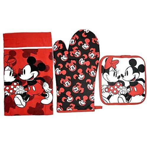 디즈니 [아마존베스트]Disney Oven Mitt Pot Holder & Dish Towel 3 pc Kitchen Set (Mickey Minnie Red)