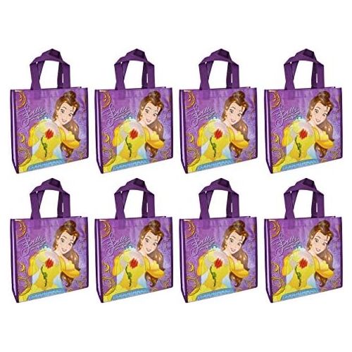 디즈니 [아마존베스트]Disney 8-Pack Beauty and The Beast Princess Belle Reusable 10 Tote Bags with Glossy Printing, 10.2 x 10.2 x 3.75, Purple