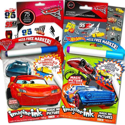 디즈니 [아마존베스트]Disney Cars and Hot Wheels Magic Ink Coloring Book Set Kids Toddlers -- 2 Imagine Ink Coloring Books with Invisible Ink Pens, 50 Planes Temporary Tattoos and over 100 Cars Stickers