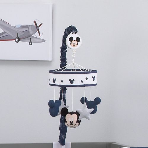 디즈니 Disney Mickey Mouse Hello World Star/Icon Nursery Crib Musical Mobile, Navy, White, Grey