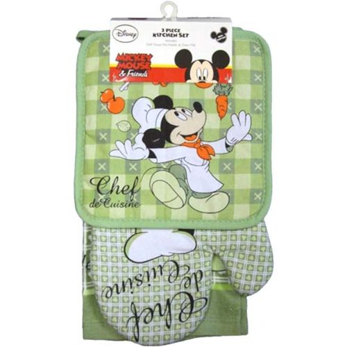 디즈니 Disney Oven Mitt Pot Holder & Dish Towel 3 pc Kitchen Set (Mickey Mouse Green)