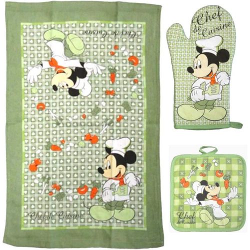 디즈니 Disney Oven Mitt Pot Holder & Dish Towel 3 pc Kitchen Set (Mickey Mouse Green)