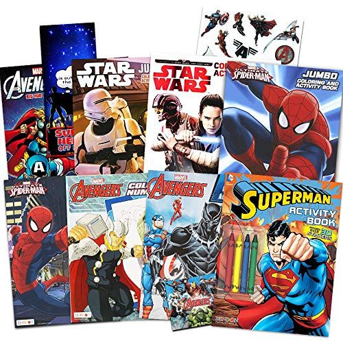 디즈니 Disney Coloring Books for Kids Toddlers Bulk Set ~ Bundle Includes 8 Star Wars and Avengers Books, Sticker Pack, and Superhero Door Hanger (Superhero Party Supplies)
