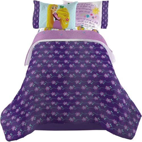 디즈니 Disney Tangled Kids Bedding Soft Microfiber Reversible Comforter, Twin/64 x 86, White/Purple