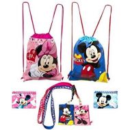 Disney Mickey and Minnie Mouse Drawstring Backpacks Plus Lanyards with Detachable Coin Purse and Autograph Books (Set of 6) (Pink Blue)