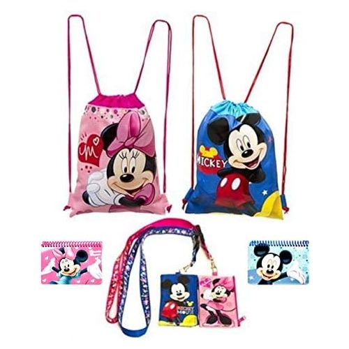 디즈니 Disney Mickey and Minnie Mouse Drawstring Backpacks Plus Lanyards with Detachable Coin Purse and Autograph Books (Set of 6) (Pink Blue)