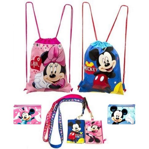 디즈니 Disney Mickey and Minnie Mouse Drawstring Backpacks Plus Lanyards with Detachable Coin Purse and Autograph Books (Set of 6) (Pink Blue)