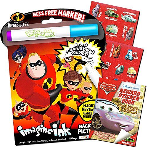 디즈니 Disney Incredibles Coloring and Activity Set Bundle with The Incredibles Mess Free Coloring Book, Magic Pen Cars Sticker Activity Book (Incredibles Party Supplies)