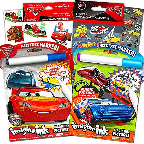 디즈니 Disney Cars and Hot Wheels Magic Ink Coloring Book Set Kids Toddlers Bundle with 2 Imagine Ink Coloring Books with Invisible Ink Pens, 50 Cars Temporary Tattoos and over 100 Car