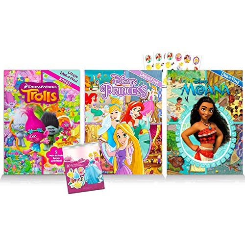 디즈니 Disney Studio Picture Search Puzzle Kids Book Set Bundle ~ 3 Travel Activity Books Featuring Disney Moana, Disney Princesses, and DreamWorks Trolls with Princess Stickers (Puzzle Activity Books)