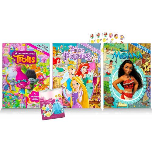 디즈니 Disney Studio Picture Search Puzzle Kids Book Set Bundle ~ 3 Travel Activity Books Featuring Disney Moana, Disney Princesses, and DreamWorks Trolls with Princess Stickers (Puzzle Activity Books)